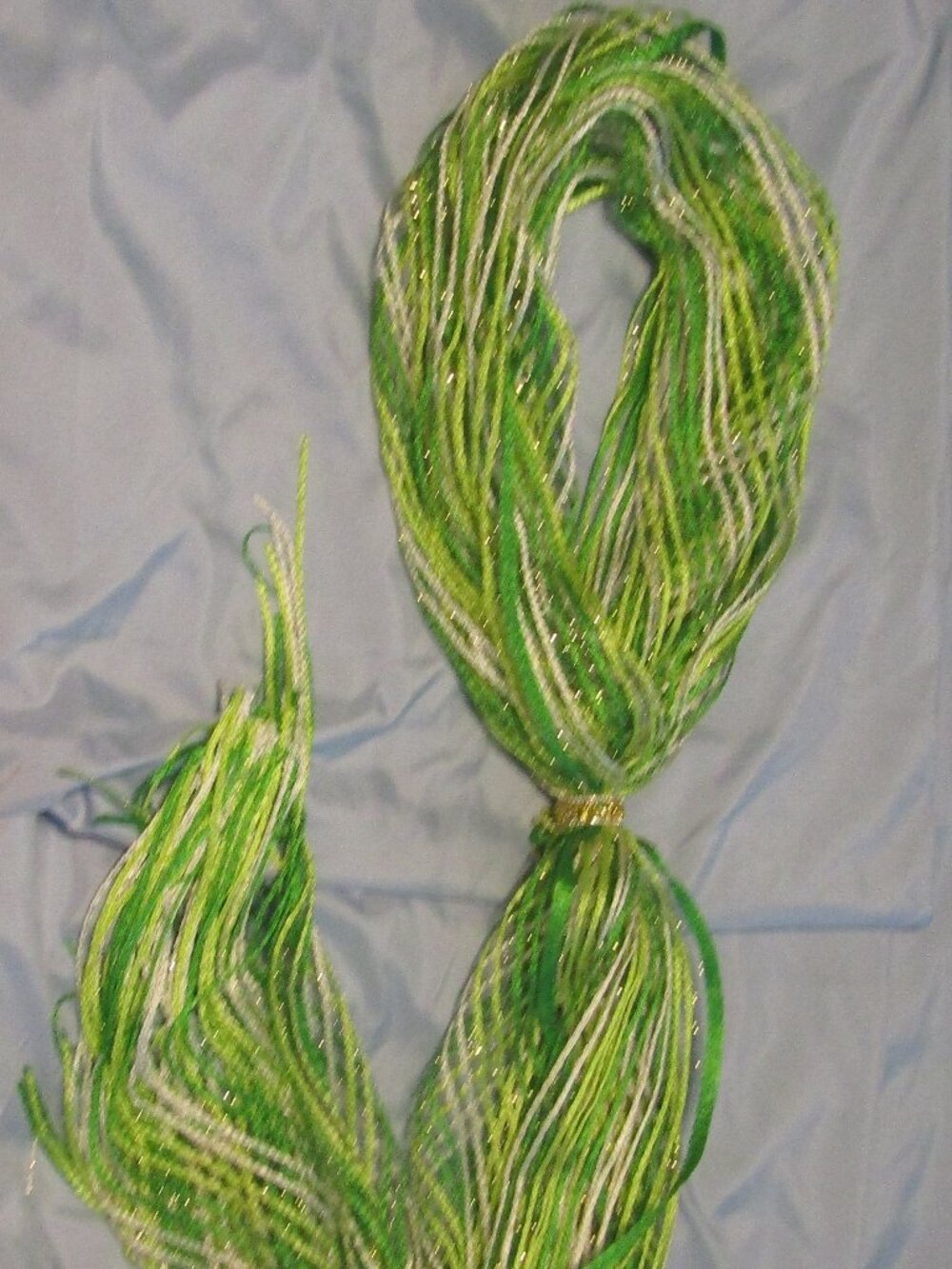 Vintage Style SHIMMERY GREENS & GOLD METALLIC FRINGE SCARF 2-TONE ELEPHANT RING